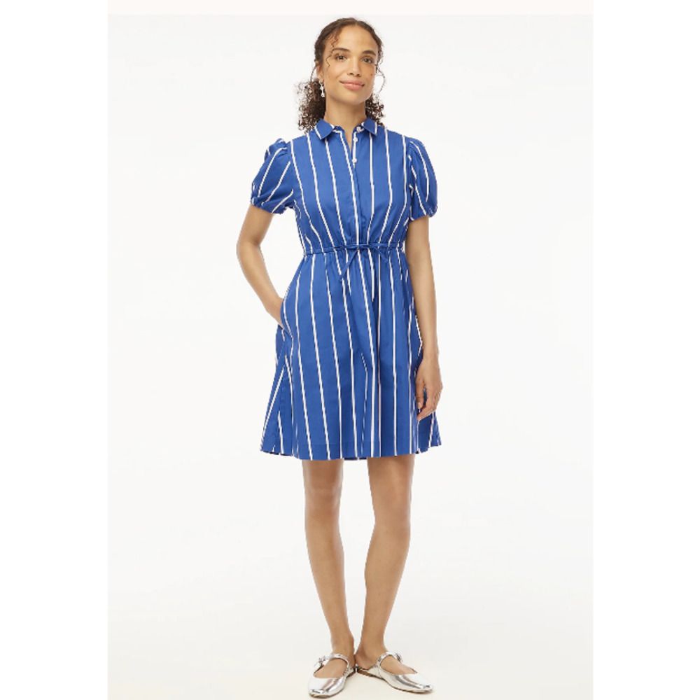 J. Crew Factory Blue White Stripe Cotton Poplin Tie Front Dress